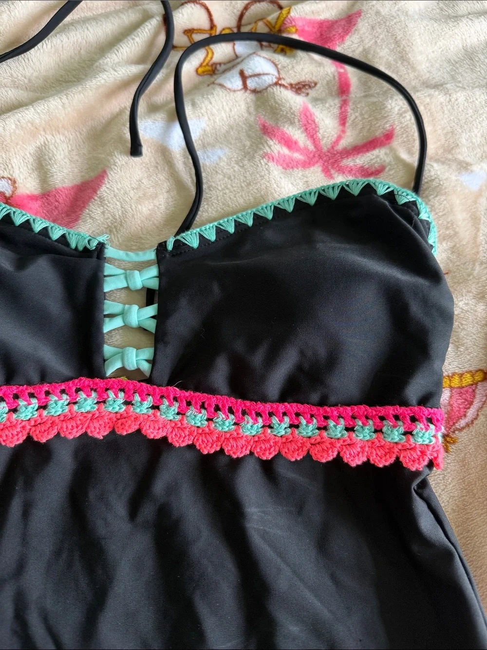 Y2K Small Crochet Black Swim Tankini Top Mint & Coral Trim Beach Summer